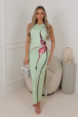 Miley pistachio floral printed fitted maxi dress