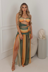 Daisy green and orange multi mesh bodysuit & maxi skirt co ord