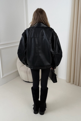 JOEJOE BLACK LEATHER FAUX LEATHER BELTED  JACKET