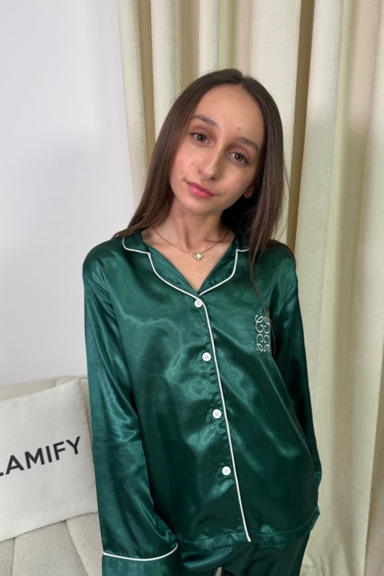 Mini Gege green satin embroidered pyjamas