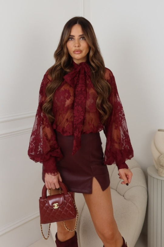 BELLA BURGUNDY LACE BOW NECK BLOUSE