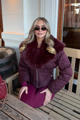 GEMIMA BURGUNDY FAUX FUR HOOD CORSET CINCHED WAIST COAT
