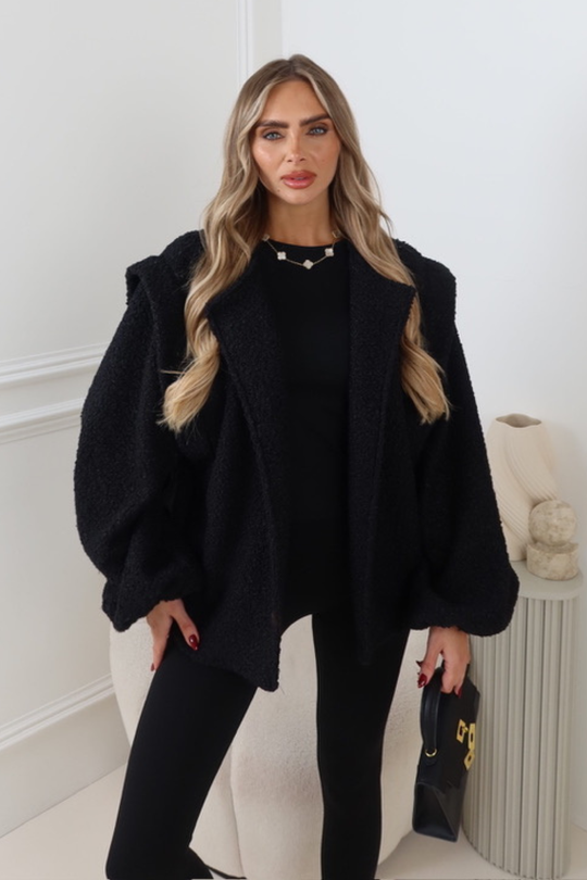 BRIANNA BLACK BOUCLE BOMBER JACKET