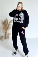 One for the road black printed sweater joggers premium loungewear