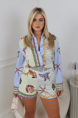 CLARA BLUE MULTI SEA SHIRT & BELTED SHORTS SET