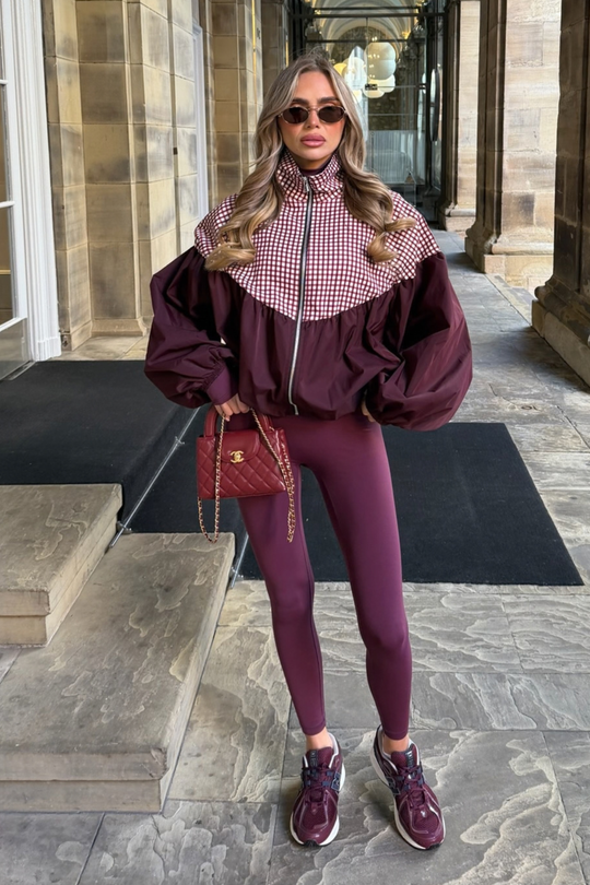 LILLIE BURGUNDY BALLOON SLEEVE CHECK JACKET