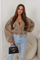 Rhi camel cinched waist cropped trench jacket
