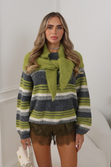 TEDDI OLIVE GREEN AND GREY STRIPED JUMPER WITH SCARF