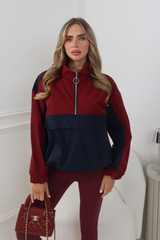 DEMI BURGUNDY TWO TONE QUARTER ZIP WINDBREAKER TOP