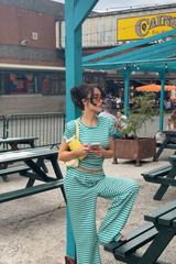 SCOUSE PRINTS 2.0 - AQUA/LEMON STRIPE TOP AND TROUSER SET