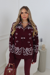 PETRA BURGUNDY KNITTED FULL ZIP HIGH NECK CARDIGAN