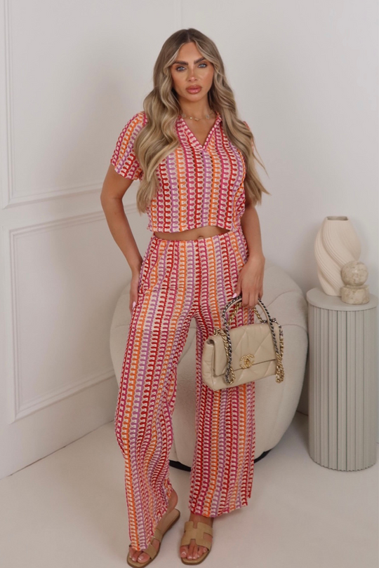 Sophia pink & orange multi zig zag patterned top & trouser co ord