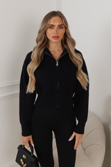 MANDY BLACK  FULL ZIP RIBBED HIGH NECK FLEECE