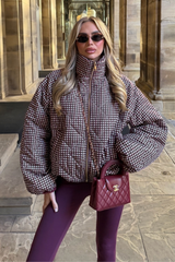 FIORA BURGUNDY CHECK PRINT HIGH NECK PUFFER JACKET