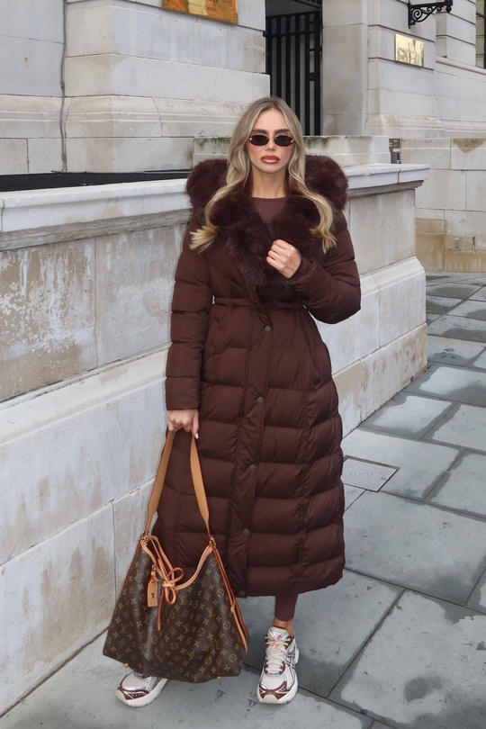 Delphine Chocolate Long Faux Fur Collar Puffer Jacket
