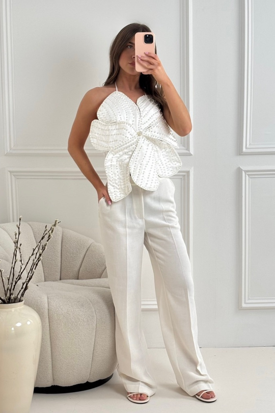 Gigi white flower pearl embellished top