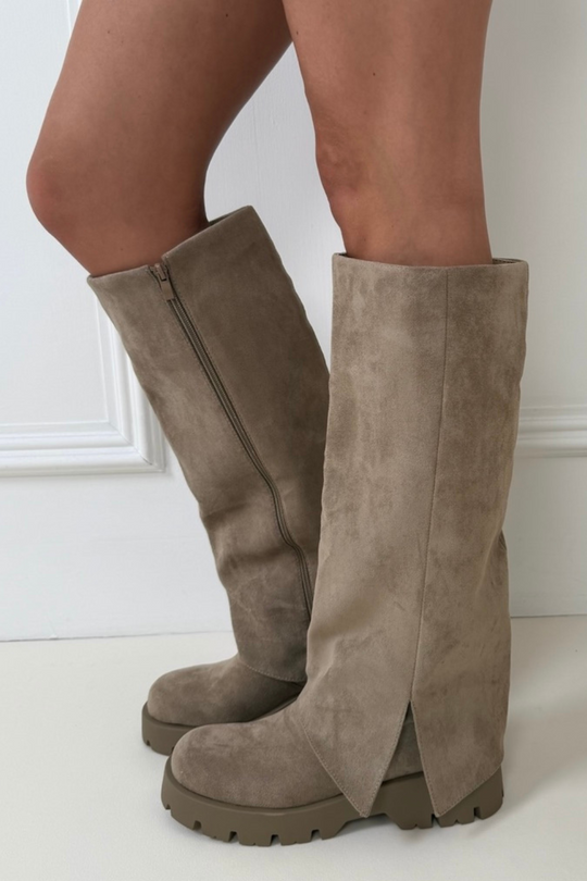 Alivia beige faux suede knee high flat boots