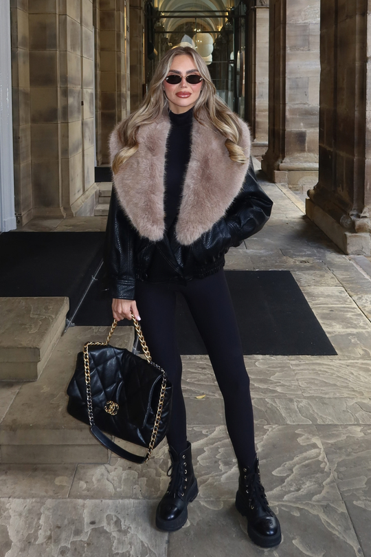 Milena Black Faux Fur Collar Faux Leather Jacket