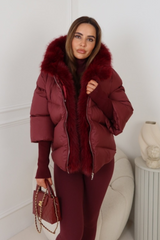 Verity burgundy hooded puffer coat with faux fur trim