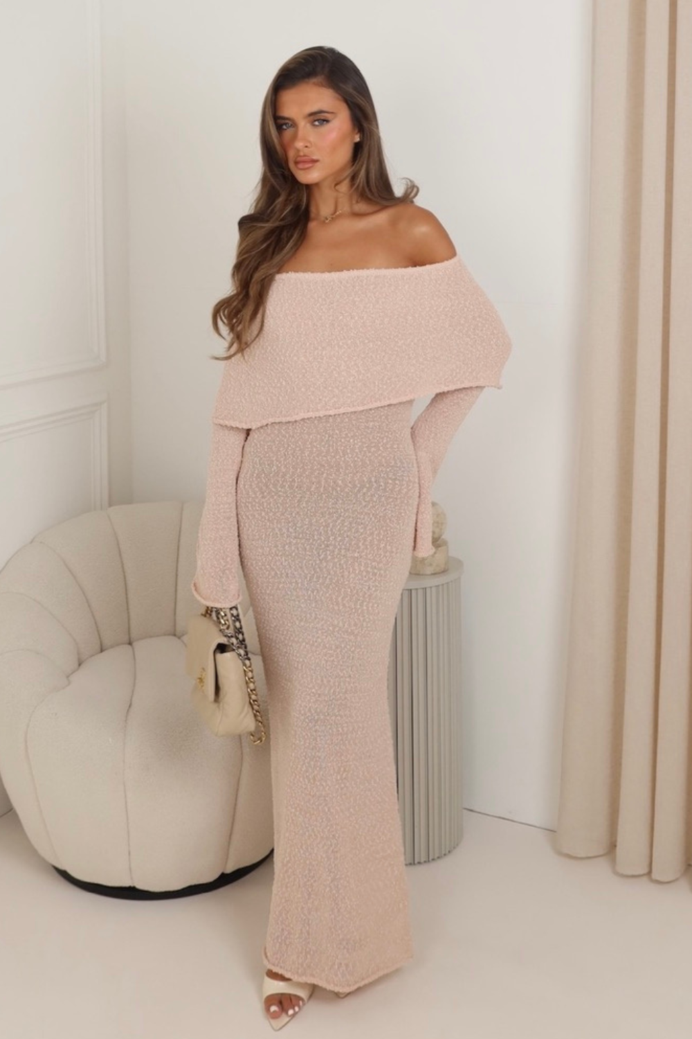 Hailey blush knit bardot maxi dress – Glamify Famous For Loungewear