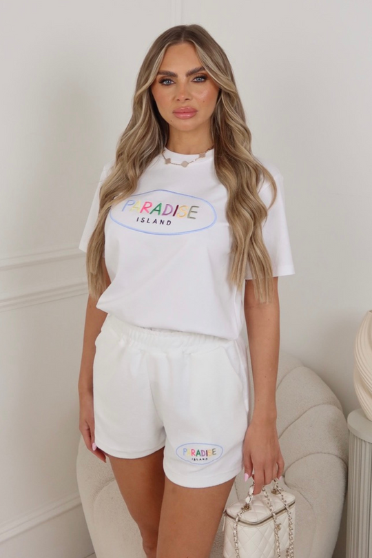 Paradise white embroidered t-shirt towelling shorts co ord