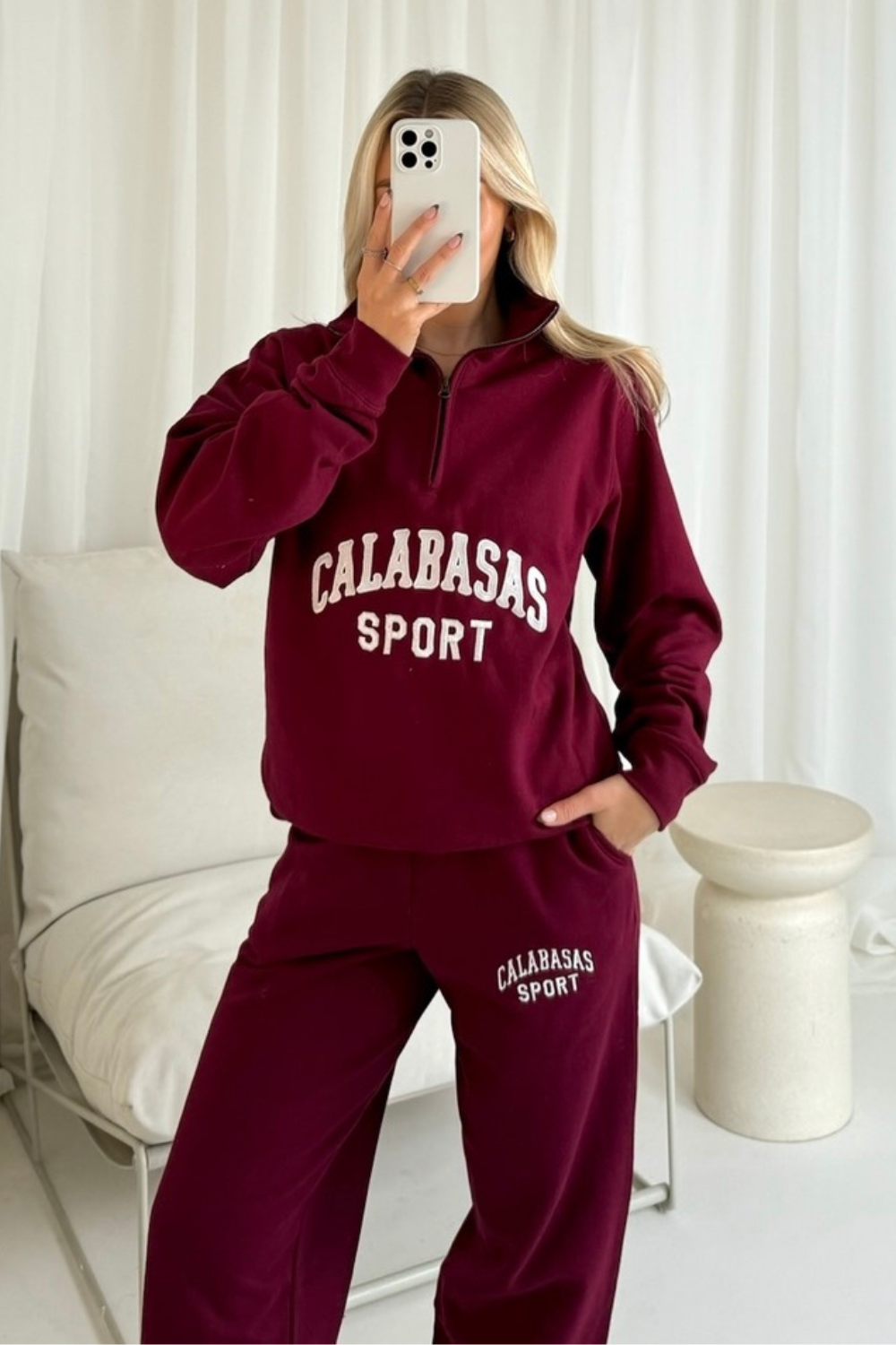 Calabasas burgundy and white embroidered 3 4 sweater joggers loungewea Glamify Famous For Loungewear