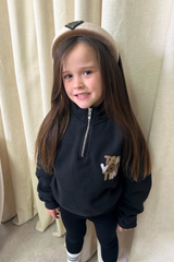 Mini take your time black printed 3/4 zip sweater