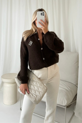 G monogram chocolate embroidered knit button up cardigan