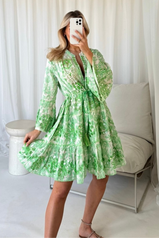Sarah Green Embellished Tiered dress