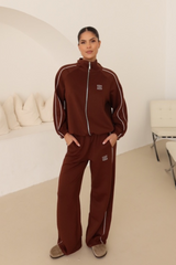 GeGe chocolate contrast piping detail zip jacket & trouser loungewear