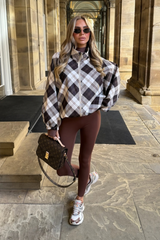 ELARA CHOCOLATE CHECK PRINT BALLOON SLEEVE ZIP UP JACKET