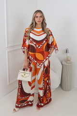 NANCY ORANGE BOLD PRINT SATIN CAPE TOP & TROUSER CO ORD TWO PIECE SET