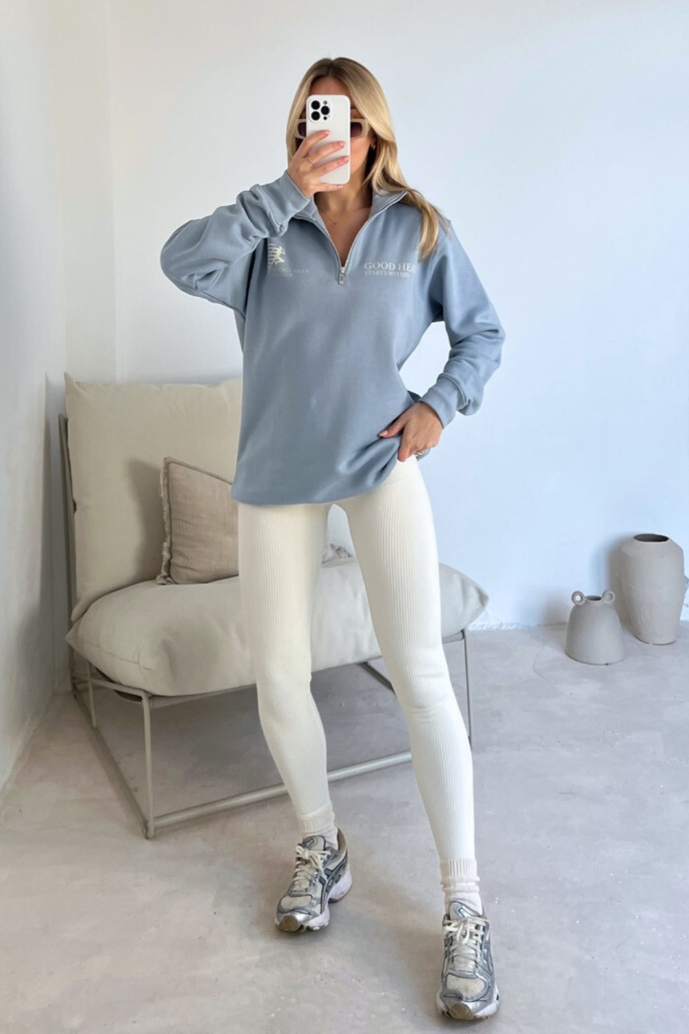 Grey Sky Blue Sweater Outfit Light Blue Jeans Grey Crew Neck