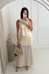 Delilah cream knit waistcoat & pleated sheer maxi skirt