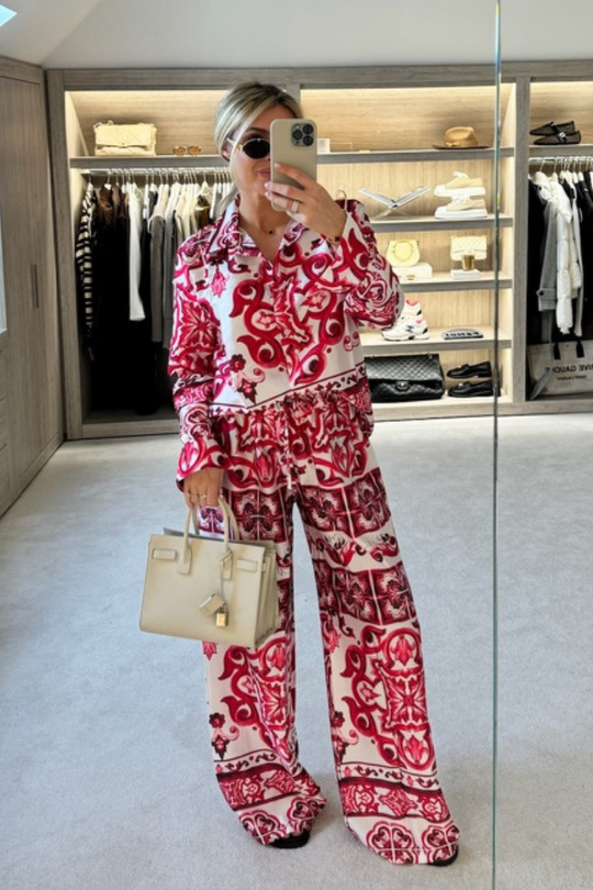 Charlie pink patterned satin shirt and trouser co-ord