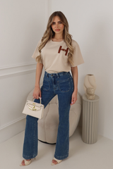 MIA LATTE T-SHIRT WITH FAUX LEATHER H BUCKLE