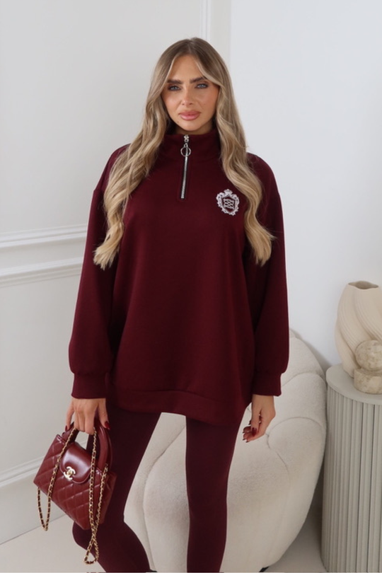 AYLA GEGE EMBLEM BURGUNDY 3/4 ZIP JUMPER