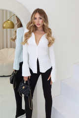 Macy white rib knit button front top