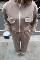 Rhea taupe bomber jacket straight leg jogger loungewear