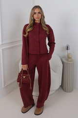 FREYA BURGUNDY BUTTON UP RIBBED TOP & TROUSER CO ORD SET