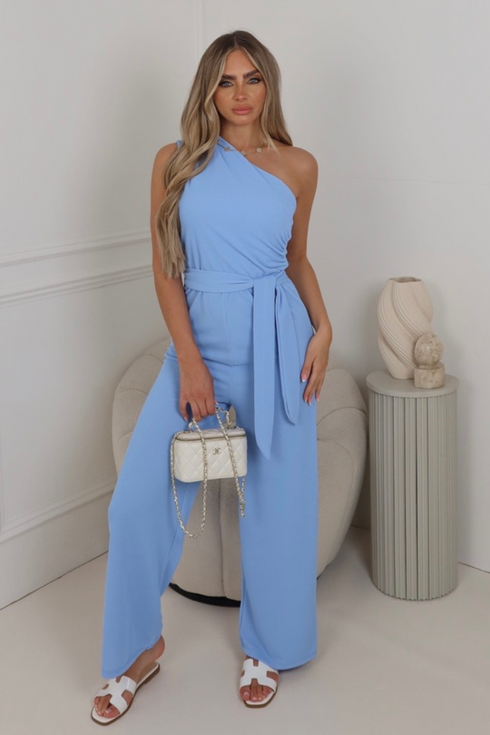 Elma blue one shoulder straight leg jumpsuit