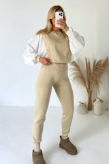 Georgia Beige Poplin Sleeve Knitted Loungewear Loungewear Cash N Carry