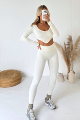 Mia cream ribbed crop leggings activewear set