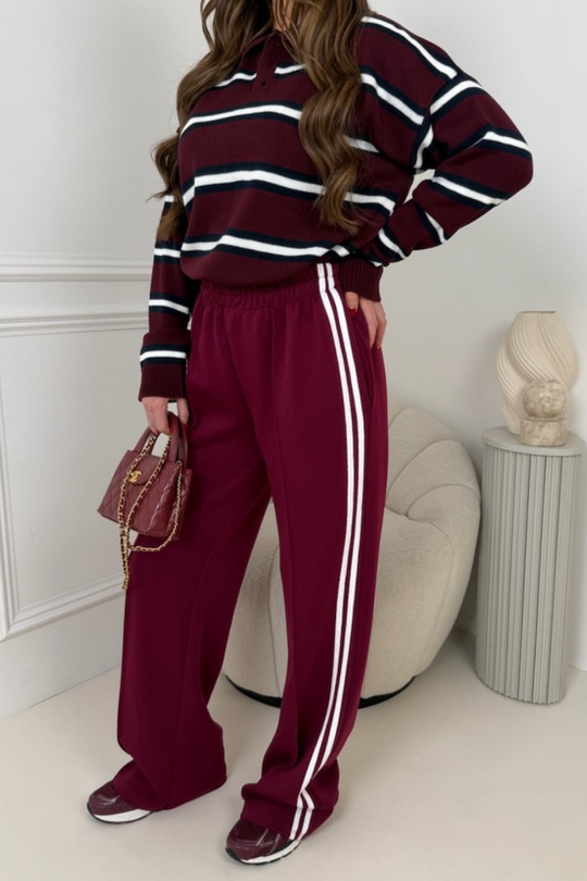 NELLO BURGUNDY  STRIPED SIDED WIDE LEG JOGGERS