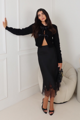 DRAYA BLACK LACE EDGED MIDI SATIN SLIP SKIRT