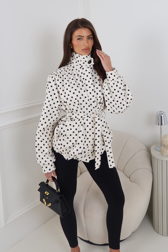 GABRIELLA CREAM POLKA DOT BELTED PUFF SLEEVE HIGH NECK JACKET