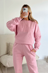 Take it easy baby pink embroidered sweater joggers premium loungewear