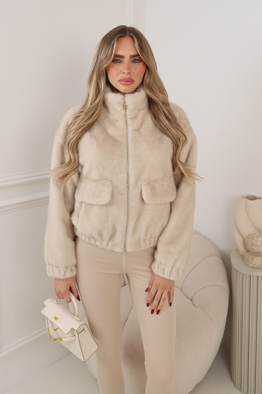 GINNI CREAM FAUX FUR HIGH NECK JACKET