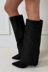 Brooke black faux suede knee high heeled boots