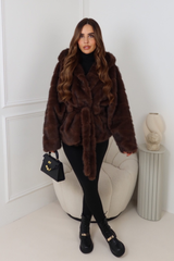 MARKIE CHOCOLATE BELTED FAUX FUR HOODED COAT